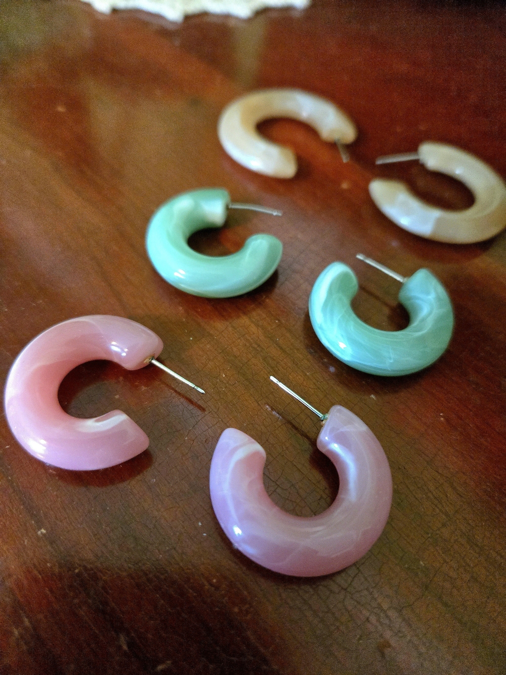 Colorful Resin Hoop Earrings - Pink, Mint & Cream